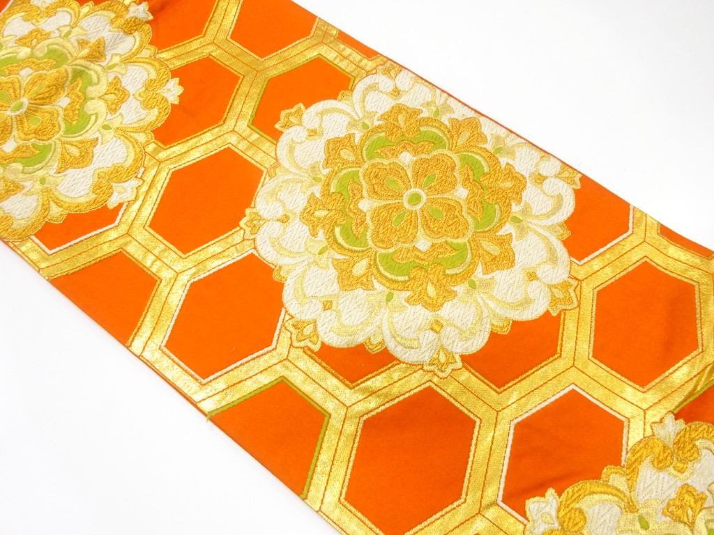 JAPANESE KIMONO / ANTIQUE FUKURO OBI / SILK / WOVEN FLOWER CREST